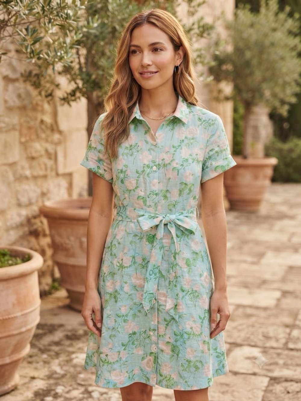 Hill House Laura Dress Shirtdress Blue Roses Linen Belted Short Mini Pockets S